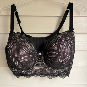Cacique Black Lace Longline Bra with Pink Lining Size 40F